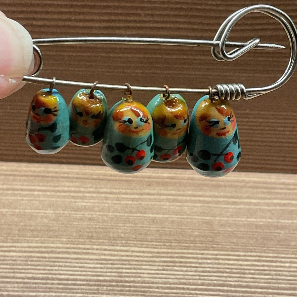 VTG Russian Matryoshka Nesting Doll Safety Pin Charm Brooch